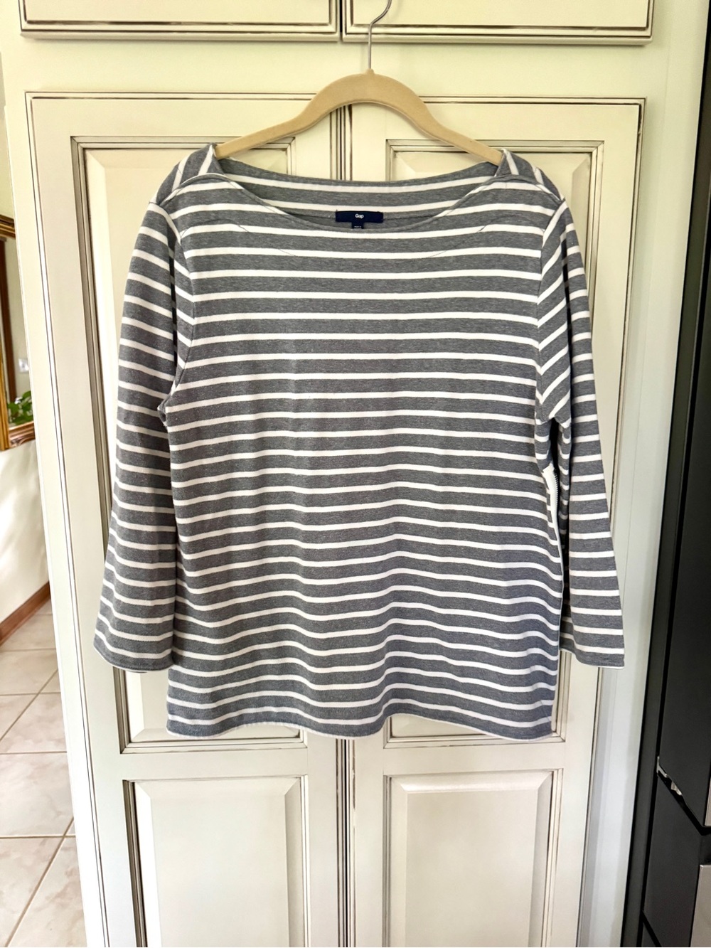 GAP Gray and White Striped Boatneck Long-Sleeve Top